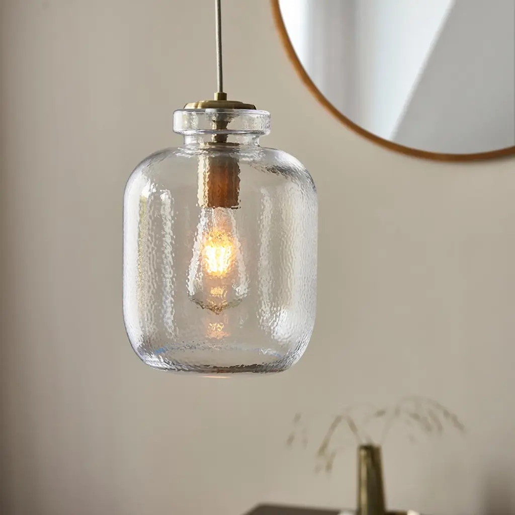Lyra Single Pendant in Textured Glass & Brass Detail