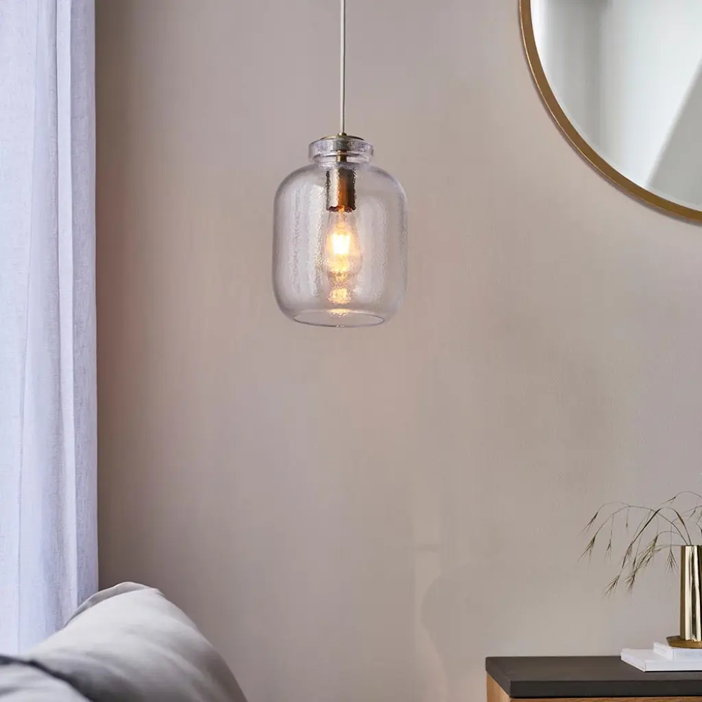 Lyra Single Pendant in Textured Glass & Brass Detail