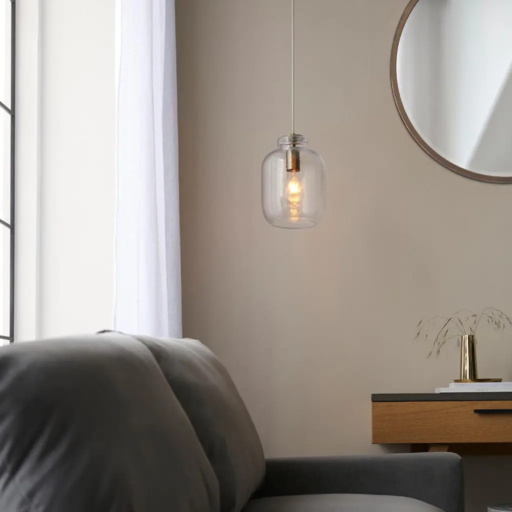 Lyra Single Pendant in Textured Glass & Brass Detail