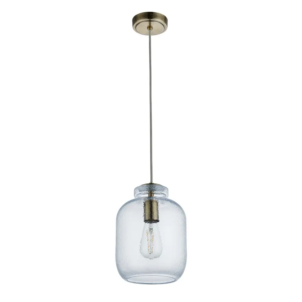 Lyra Single Pendant in Textured Glass & Brass Detail