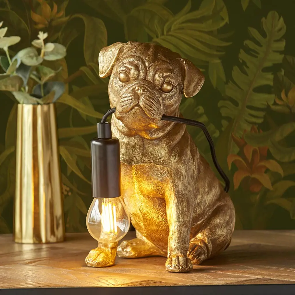 Pug Puppy Table Lamp in Vintage Gold Finish