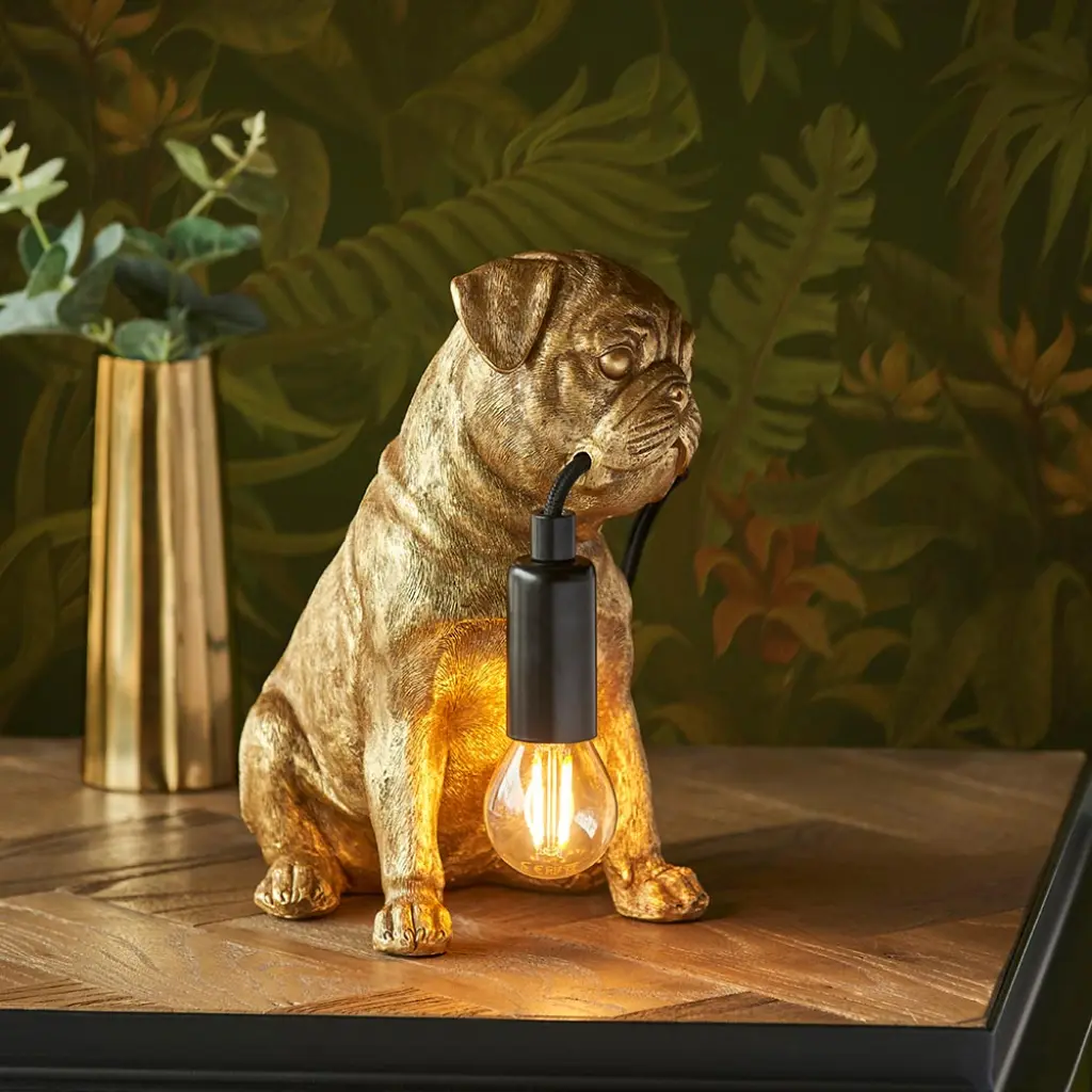 Pug Puppy Table Lamp in Vintage Gold Finish