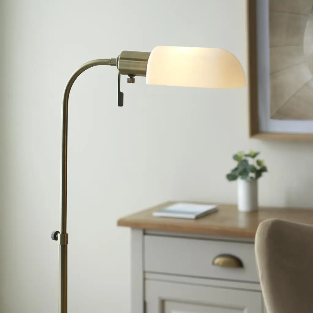 Pharmacy Antique Brass Floor Lamp with Opal Shade