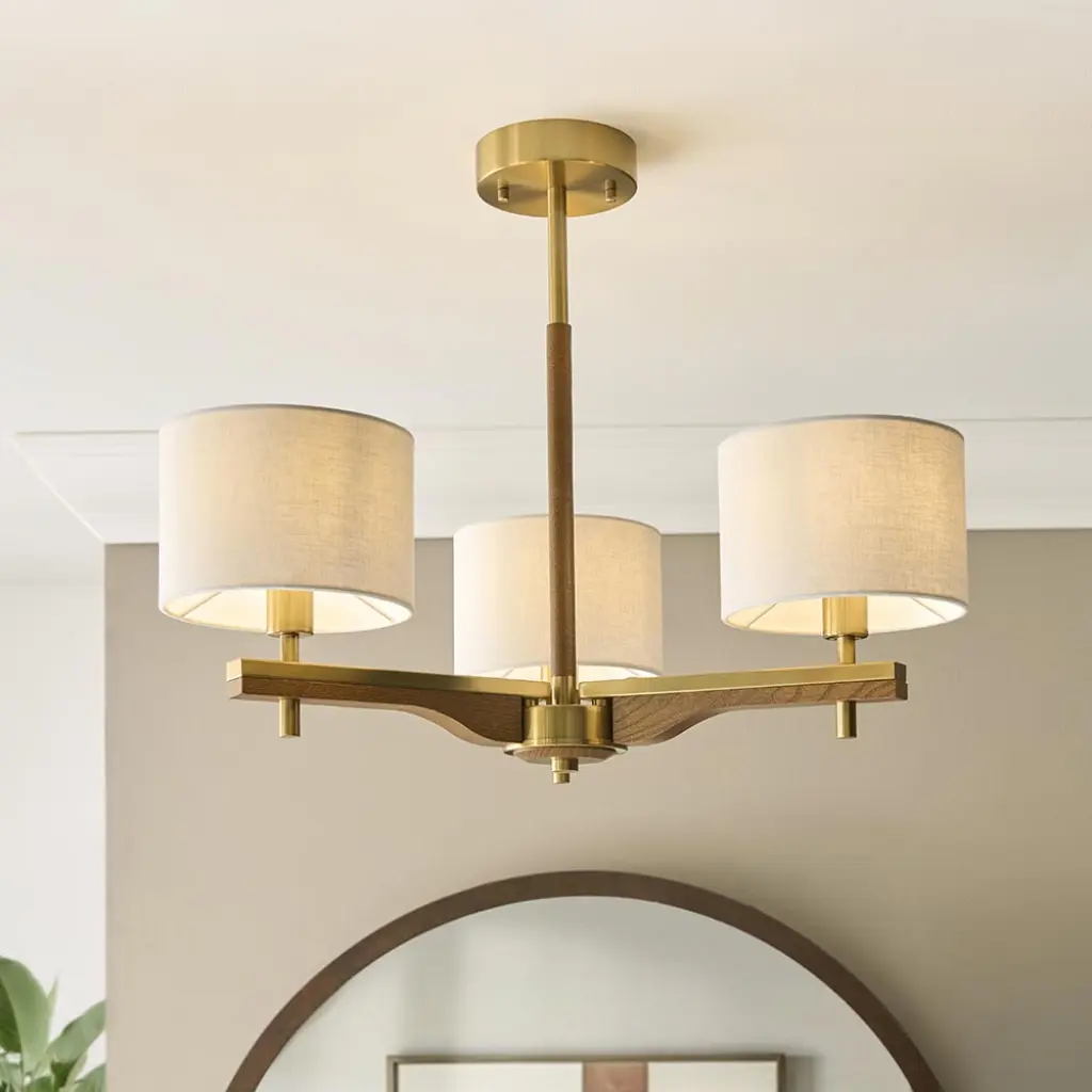 Heathcliff 3 Light Semi Flush in Ash Wood & Brass Finish