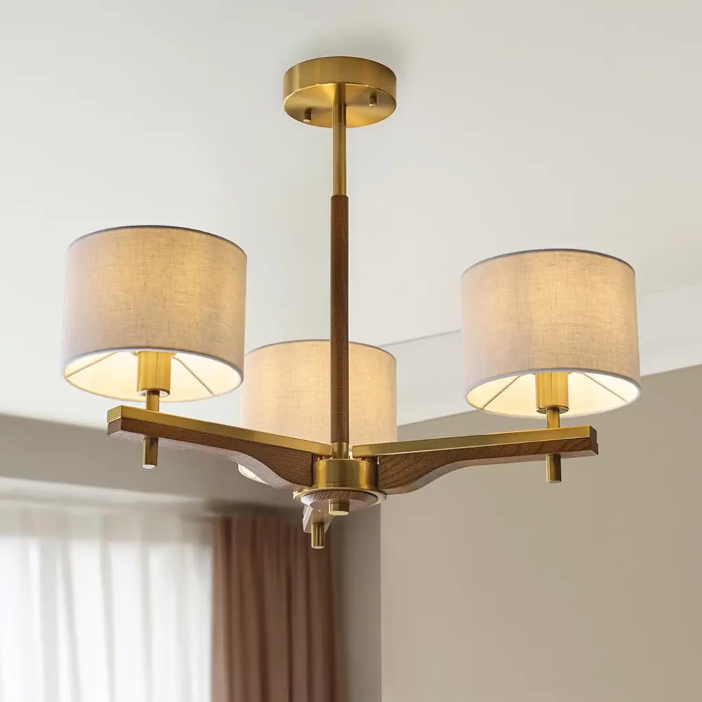 Heathcliff 3 Light Semi Flush in Ash Wood & Brass Finish