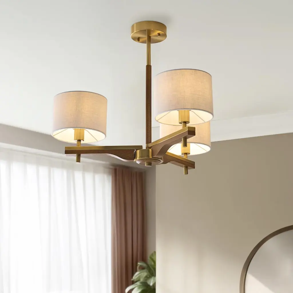 Heathcliff 3 Light Semi Flush in Ash Wood & Brass Finish