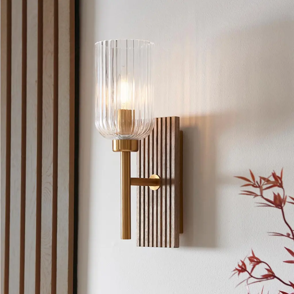 Grove Walnut Wooden Wall Light with Ribbed Glass