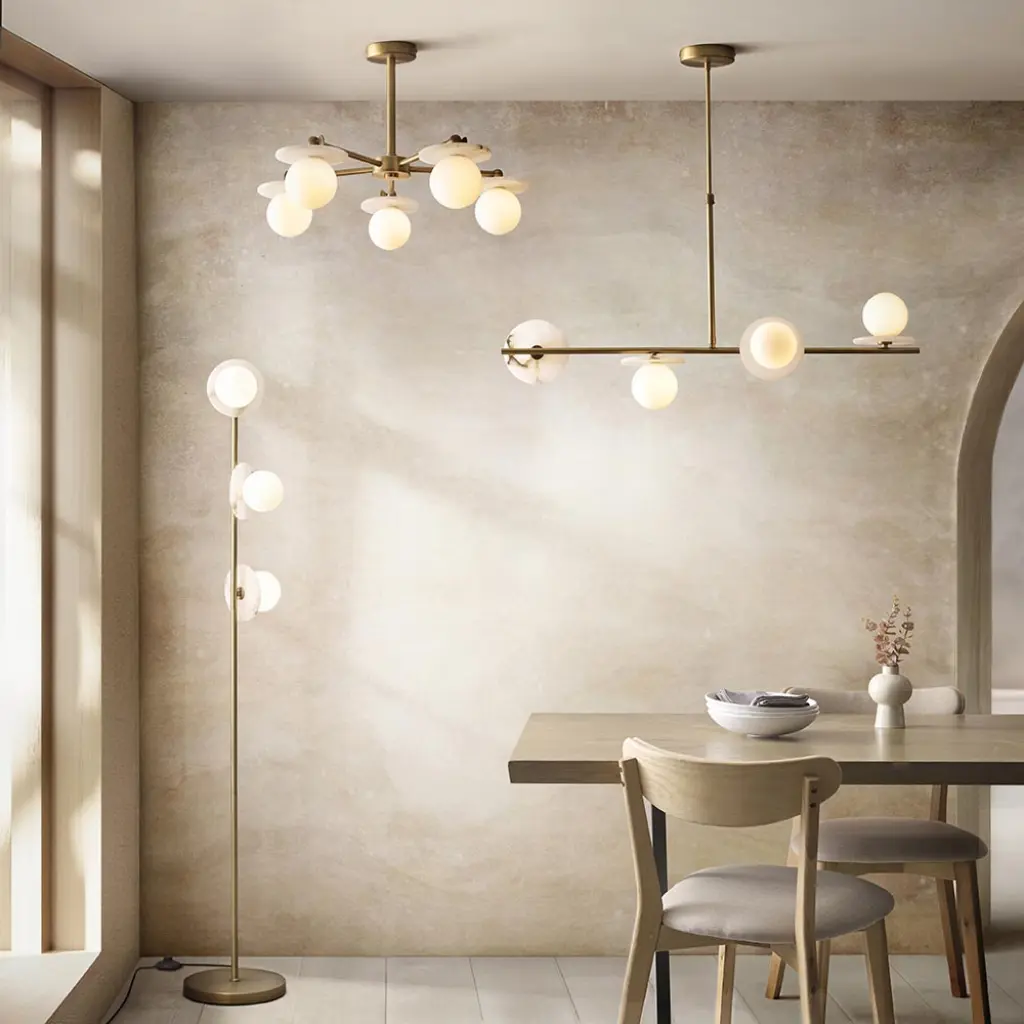 Cerchio 4 Light Brass Linear Pendant with Opal Glass Shades