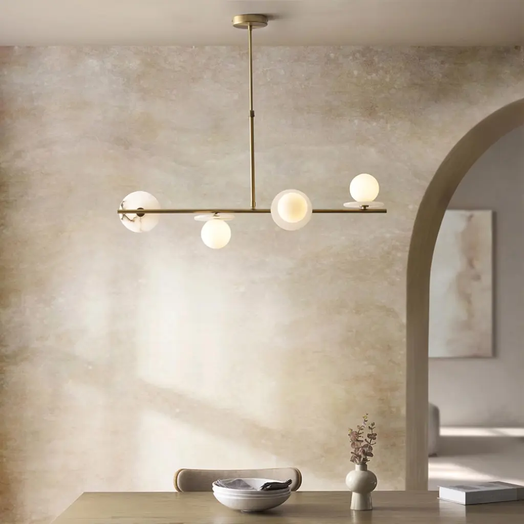 Cerchio 4 Light Brass Linear Pendant with Opal Glass Shades