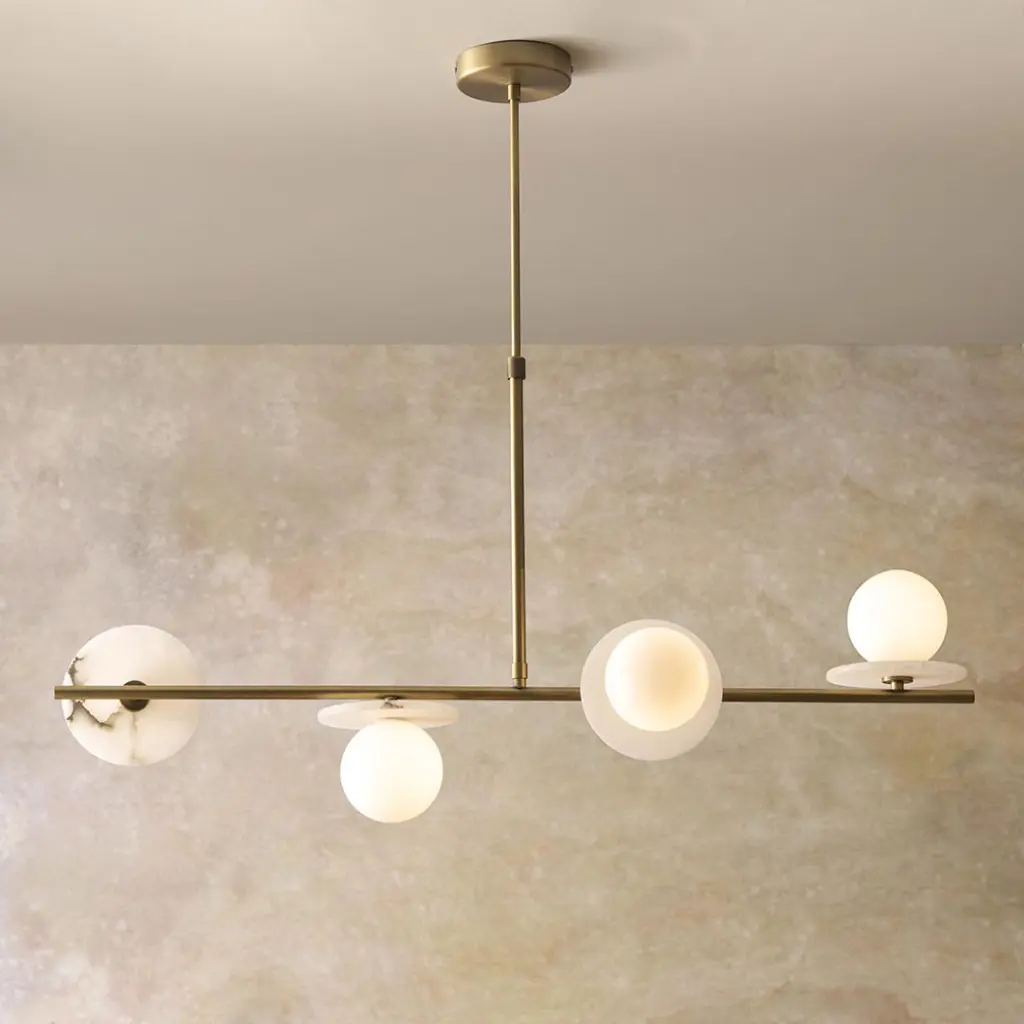 Cerchio 4 Light Brass Linear Pendant with Opal Glass Shades