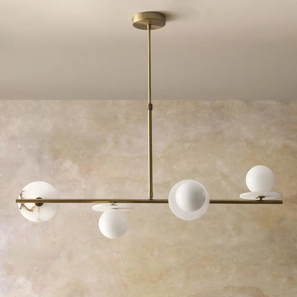 Cerchio 4 Light Brass Linear Pendant with Opal Glass Shades