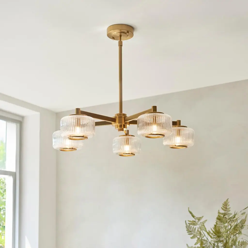 Stamford 5 Light Brass Pendant C/W Ribbed Shades