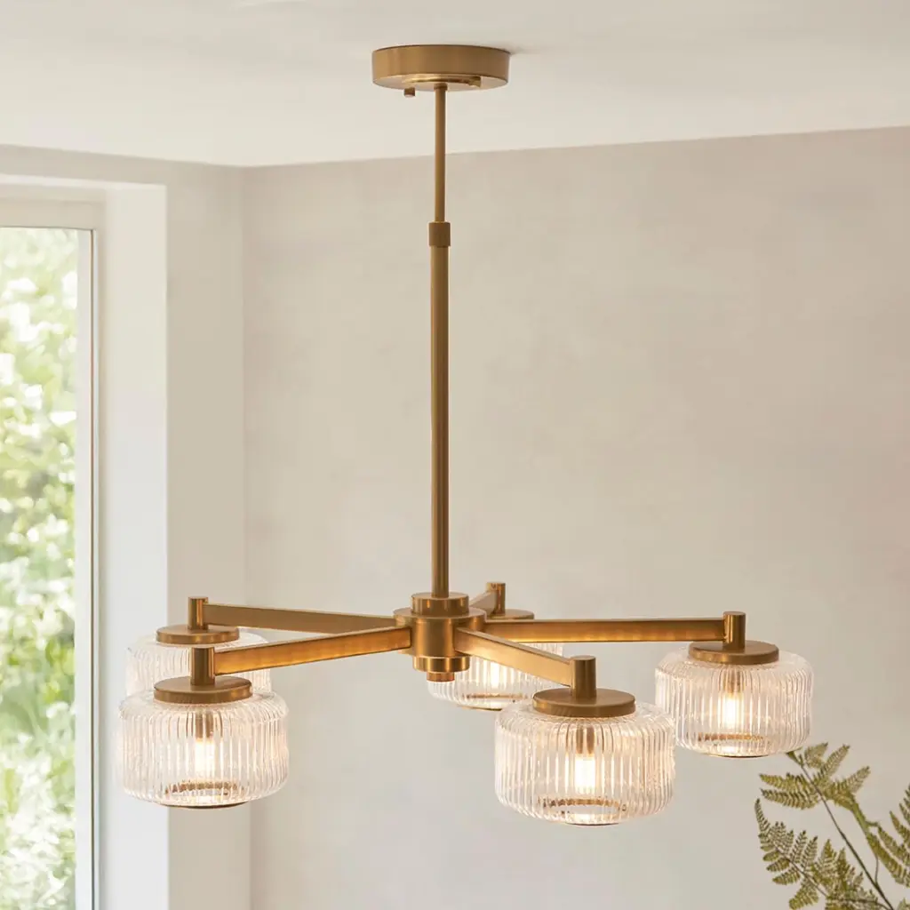 Stamford 5 Light Brass Pendant C/W Ribbed Shades