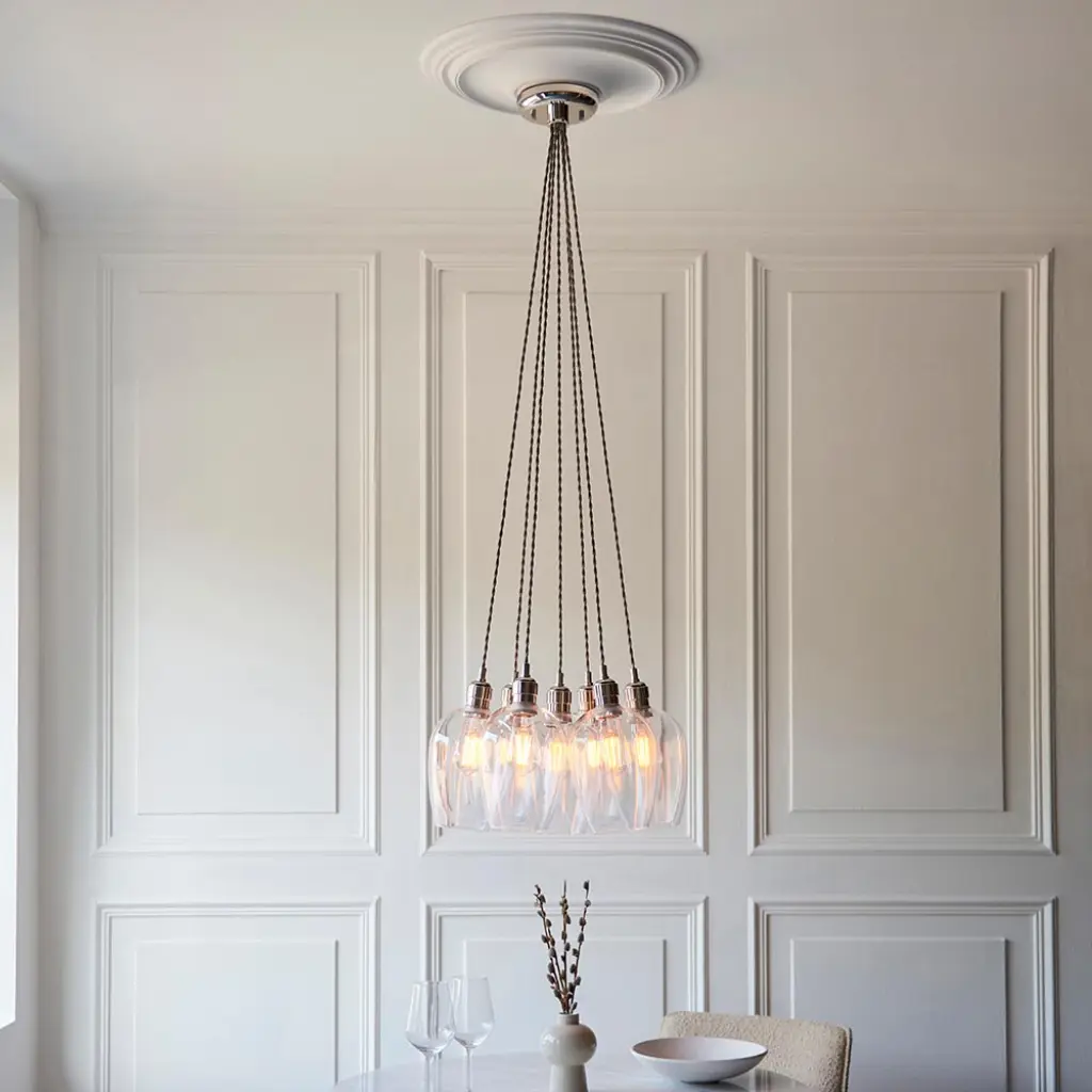 Mia Polished Nickel 7 Light Cluster Pendant with Clear Glass Shades