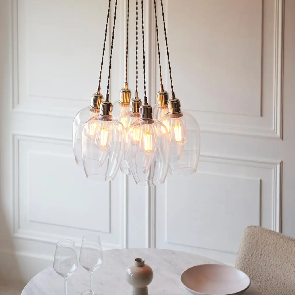 Mia Polished Nickel 7 Light Cluster Pendant with Clear Glass Shades