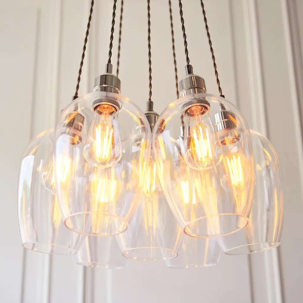 Mia Polished Nickel 7 Light Cluster Pendant with Clear Glass Shades