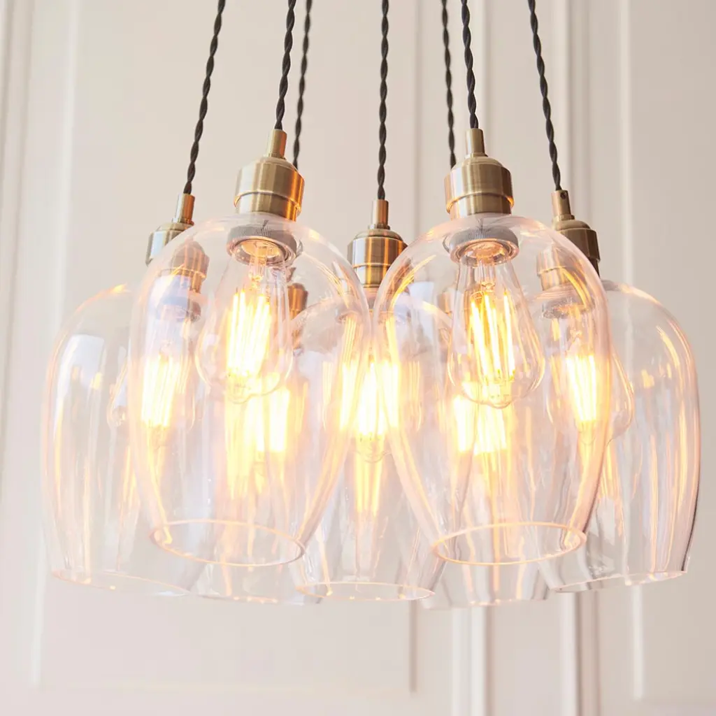 Mia Antique Brass 7 Light Cluster Pendant with Clear Glass Shades