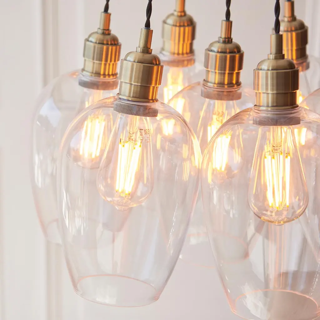 Mia Antique Brass 7 Light Cluster Pendant with Clear Glass Shades