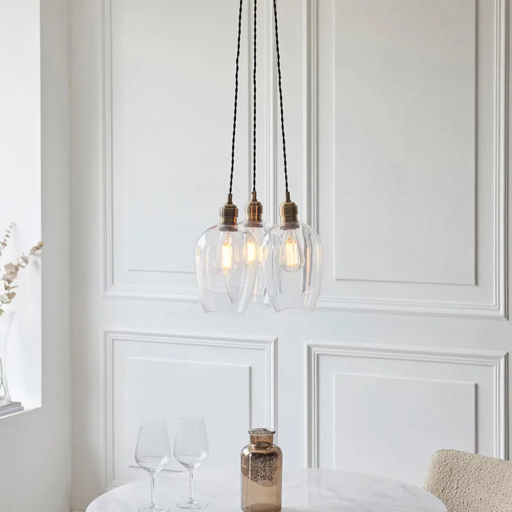 Mia Antique Brass 3 Light Cluster Pendant with Clear Glass Shades