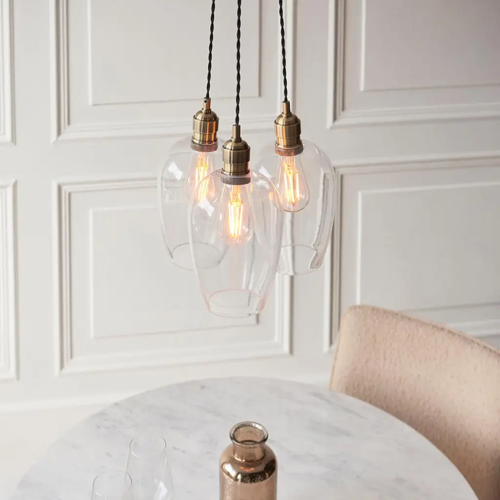 Mia Antique Brass 3 Light Cluster Pendant with Clear Glass Shades