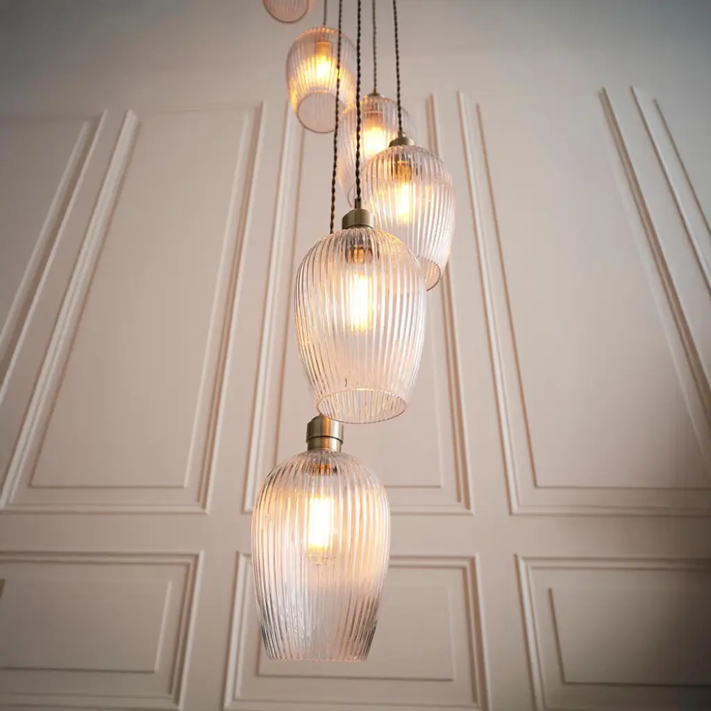 Millie Antique Brass 13 Light Pendant with Ribbed Glass Shades