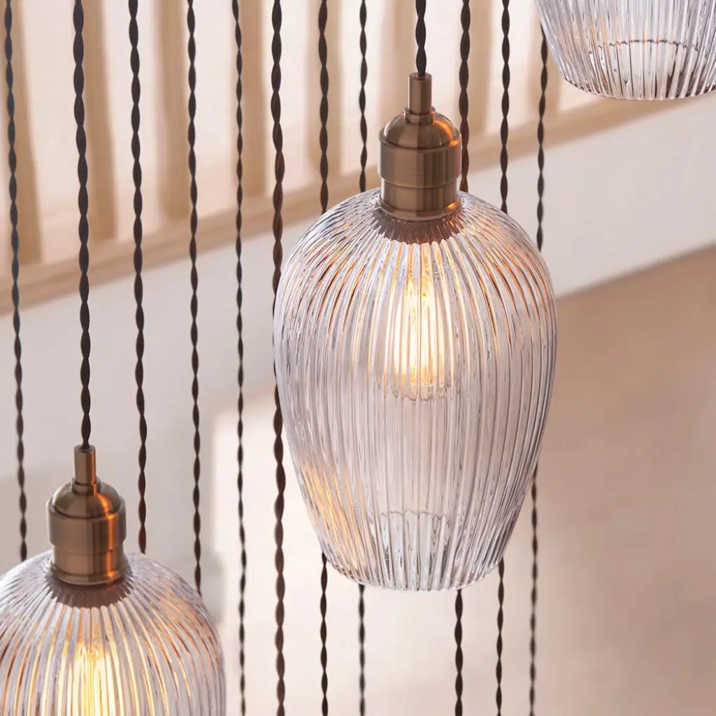 Millie Antique Brass 13 Light Pendant with Ribbed Glass Shades