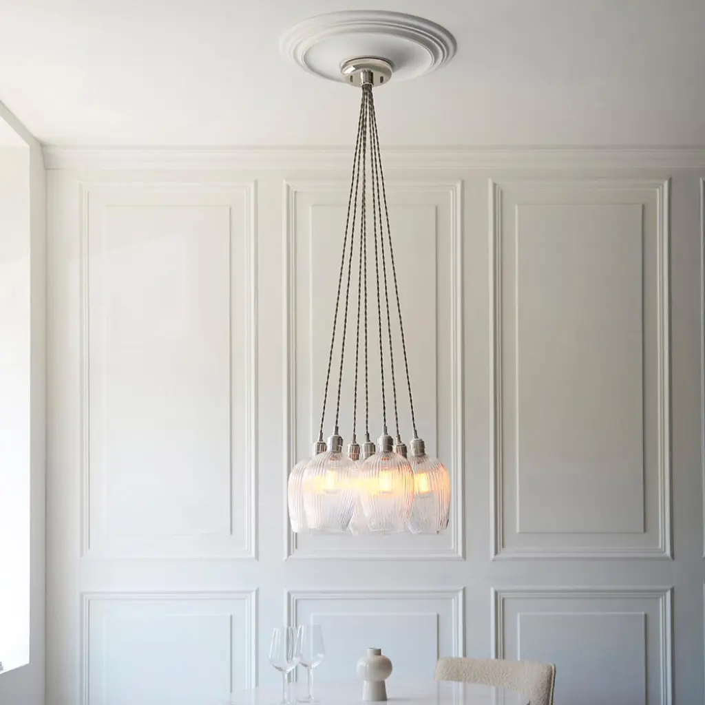 Mia Polished Nickel 7 Light Cluster Pendant with Ribbed Glass Shades