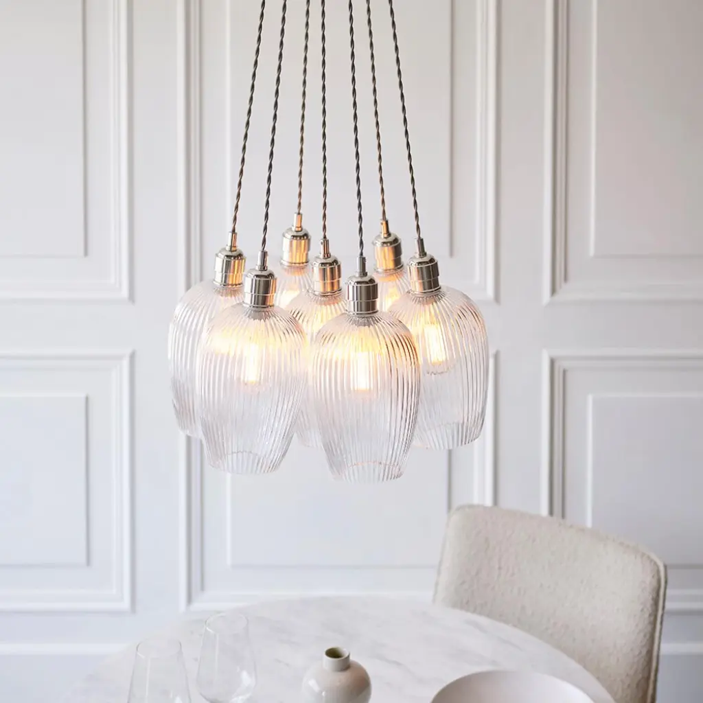 Mia Polished Nickel 7 Light Cluster Pendant with Ribbed Glass Shades