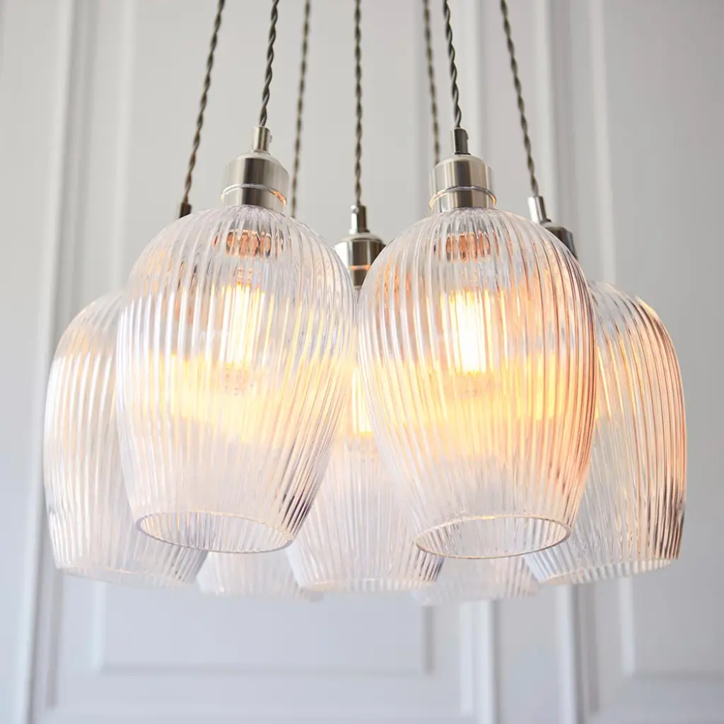 Mia Polished Nickel 7 Light Cluster Pendant with Ribbed Glass Shades