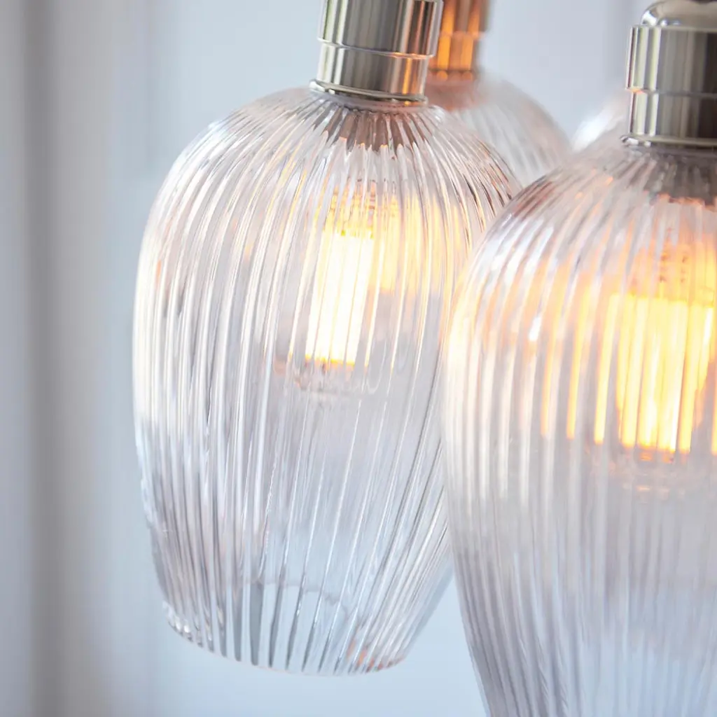 Mia Polished Nickel 7 Light Cluster Pendant with Ribbed Glass Shades