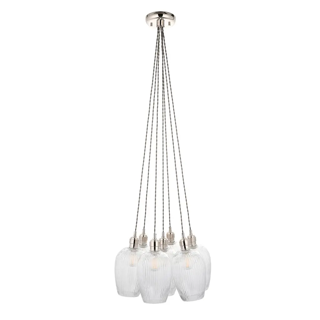Mia Polished Nickel 7 Light Cluster Pendant with Ribbed Glass Shades