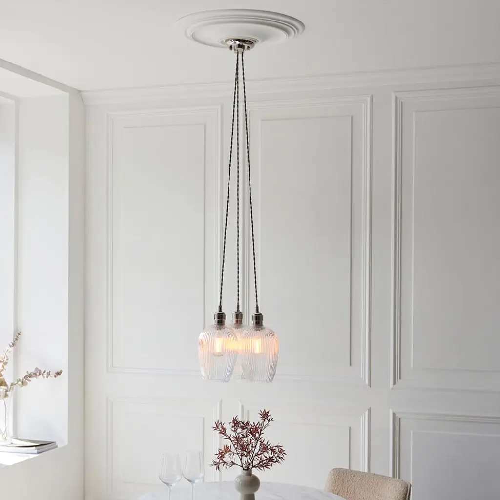 Mia Polished Nickel 3 Light Cluster Pendant with Ribbed Glass Shades