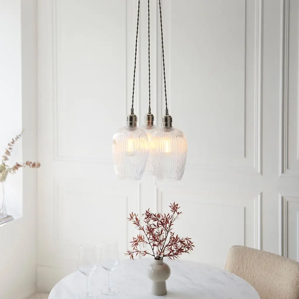 Mia Polished Nickel 3 Light Cluster Pendant with Ribbed Glass Shades