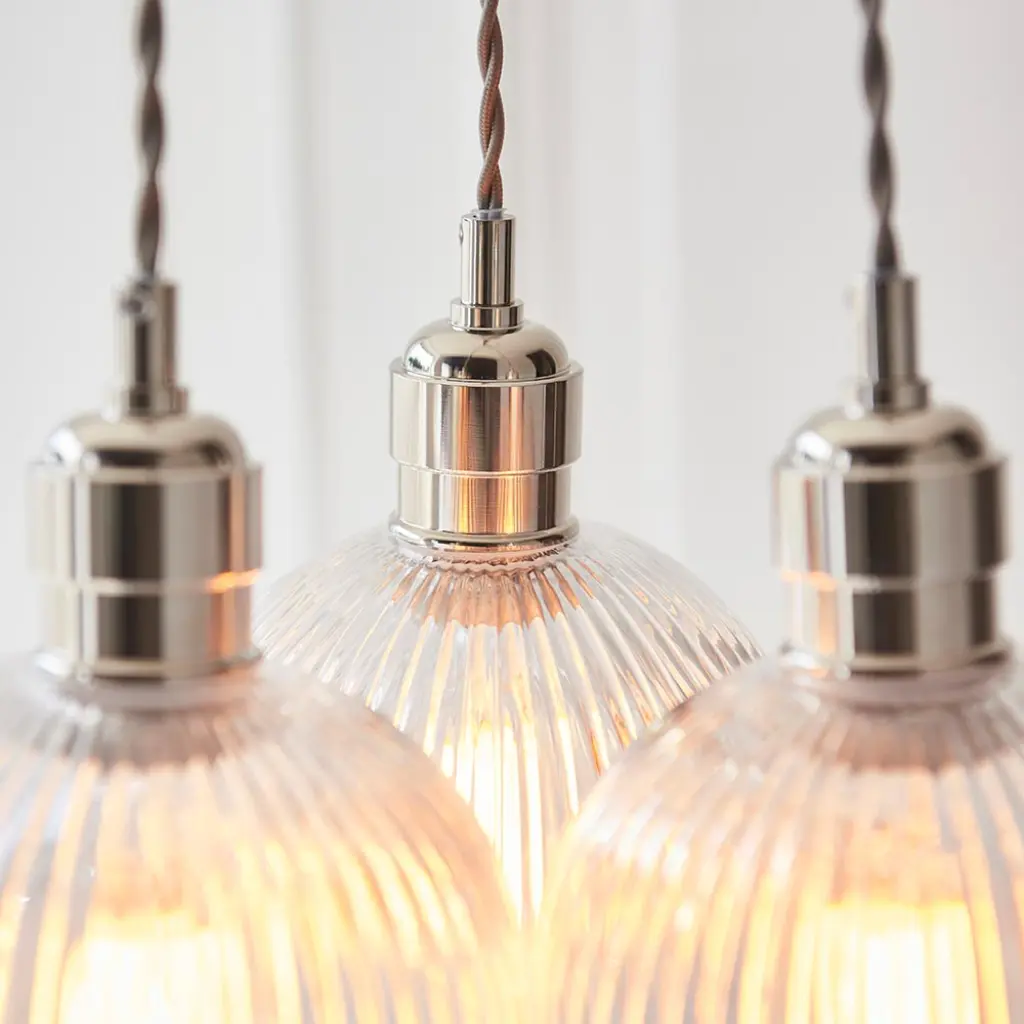 Mia Polished Nickel 3 Light Cluster Pendant with Ribbed Glass Shades