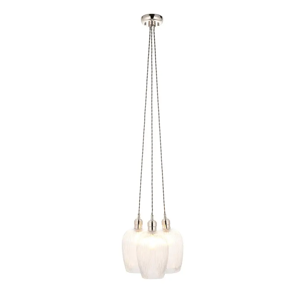 Mia Polished Nickel 3 Light Cluster Pendant with Ribbed Glass Shades