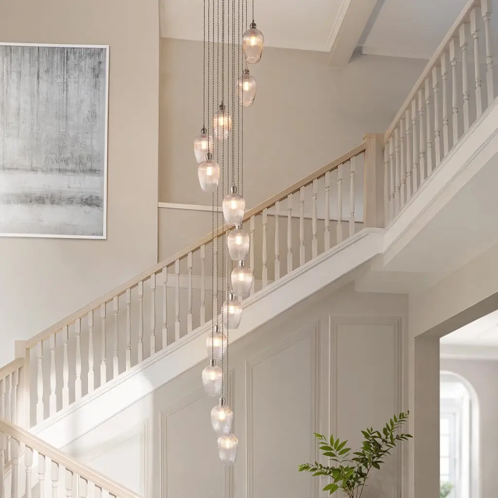 Millie Polished Nickel 13 Light Pendant with Ribbed Glass Shades