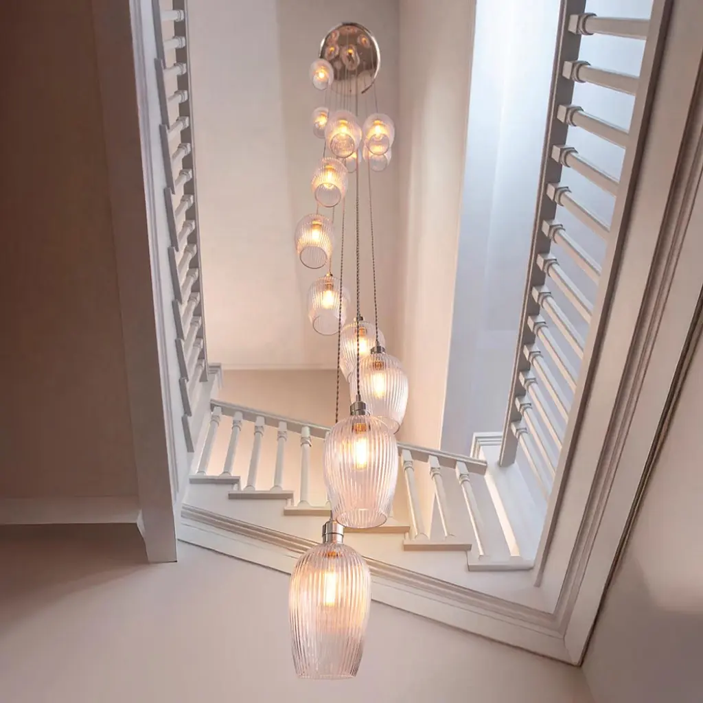Millie Polished Nickel 13 Light Pendant with Ribbed Glass Shades