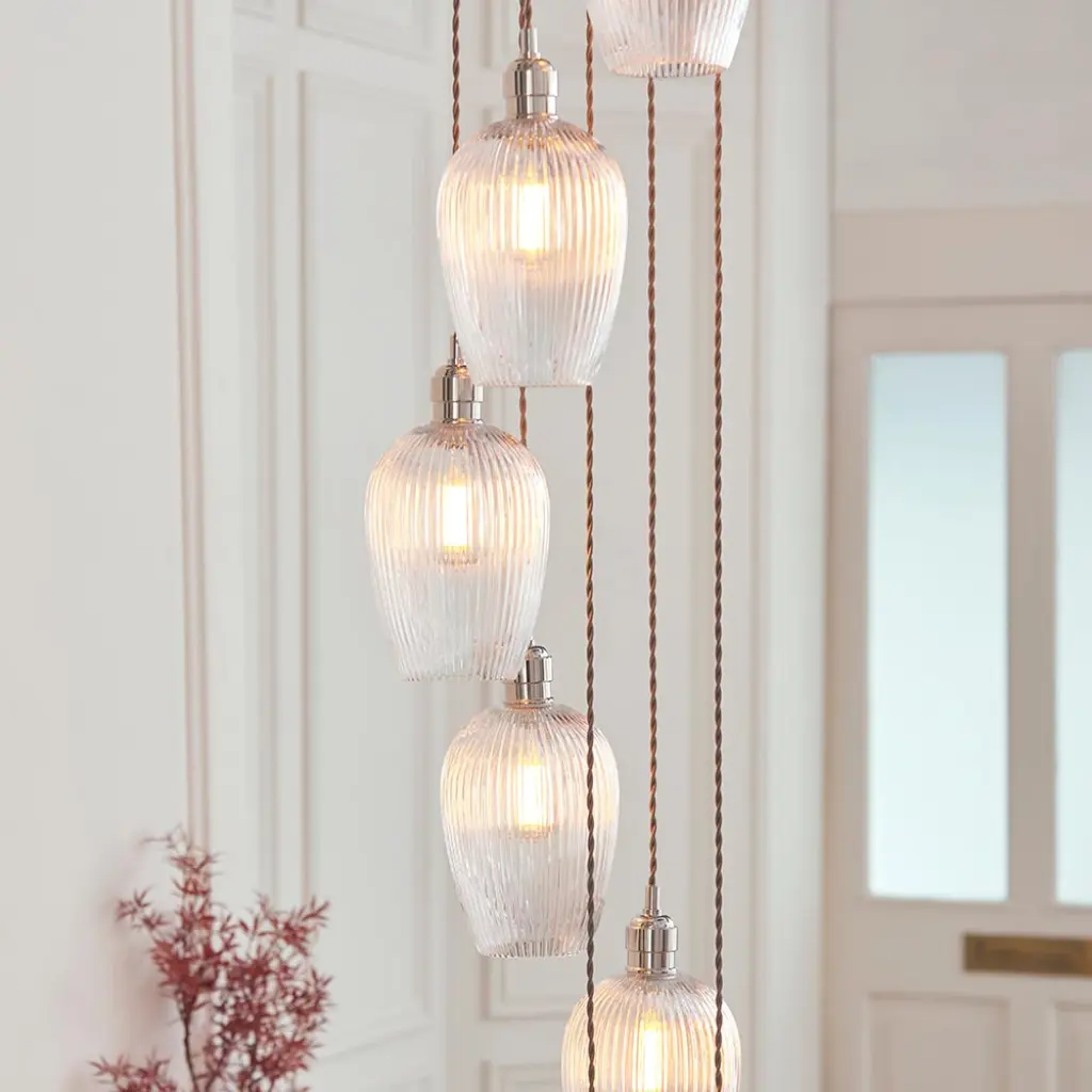 Millie Polished Nickel 13 Light Pendant with Ribbed Glass Shades