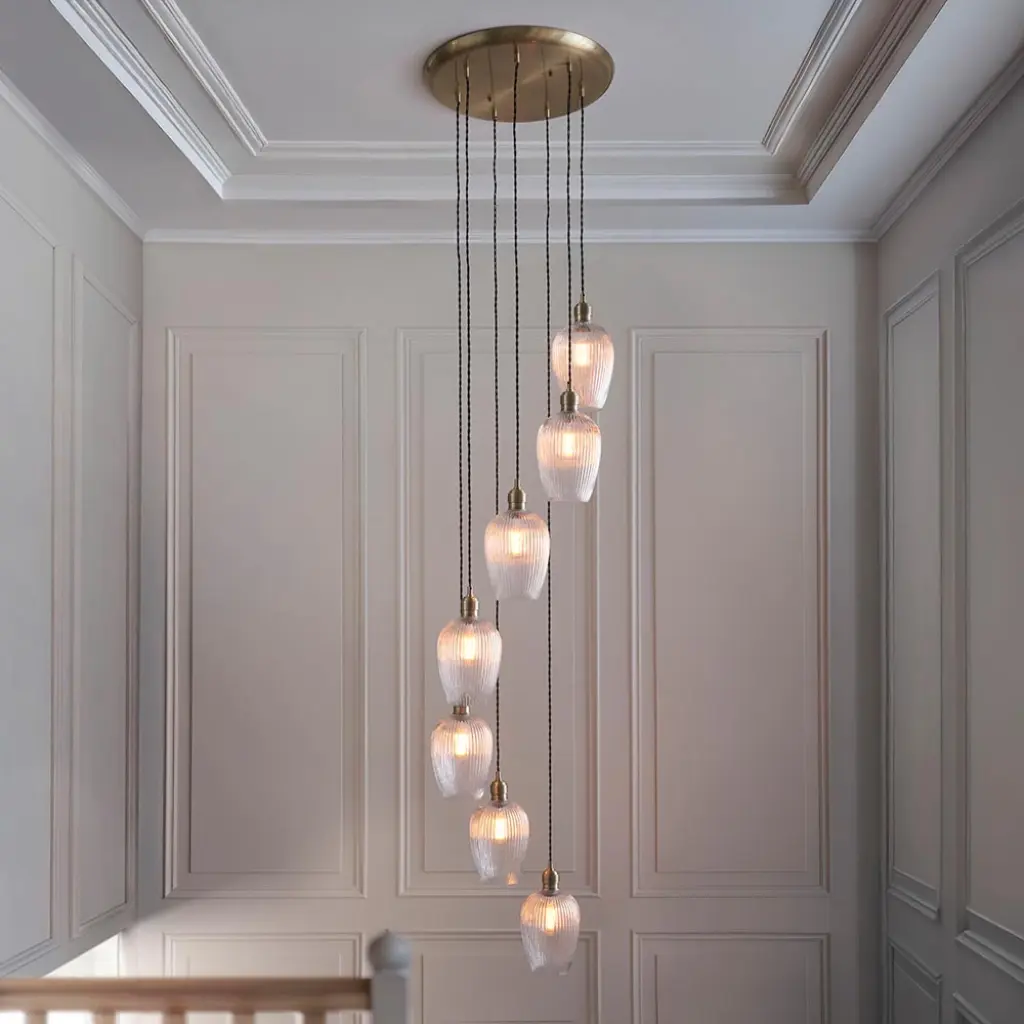 Millie Antique Brass 7 Light Pendant with Ribbed Glass Shades