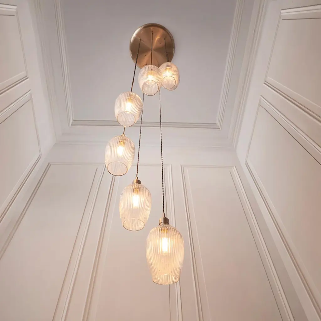Millie Antique Brass 7 Light Pendant with Ribbed Glass Shades