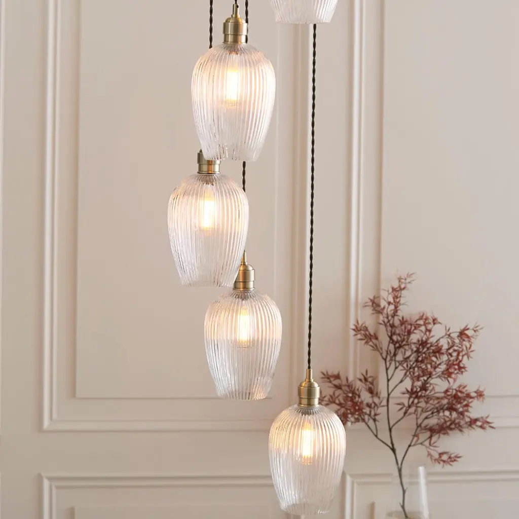 Millie Antique Brass 7 Light Pendant with Ribbed Glass Shades