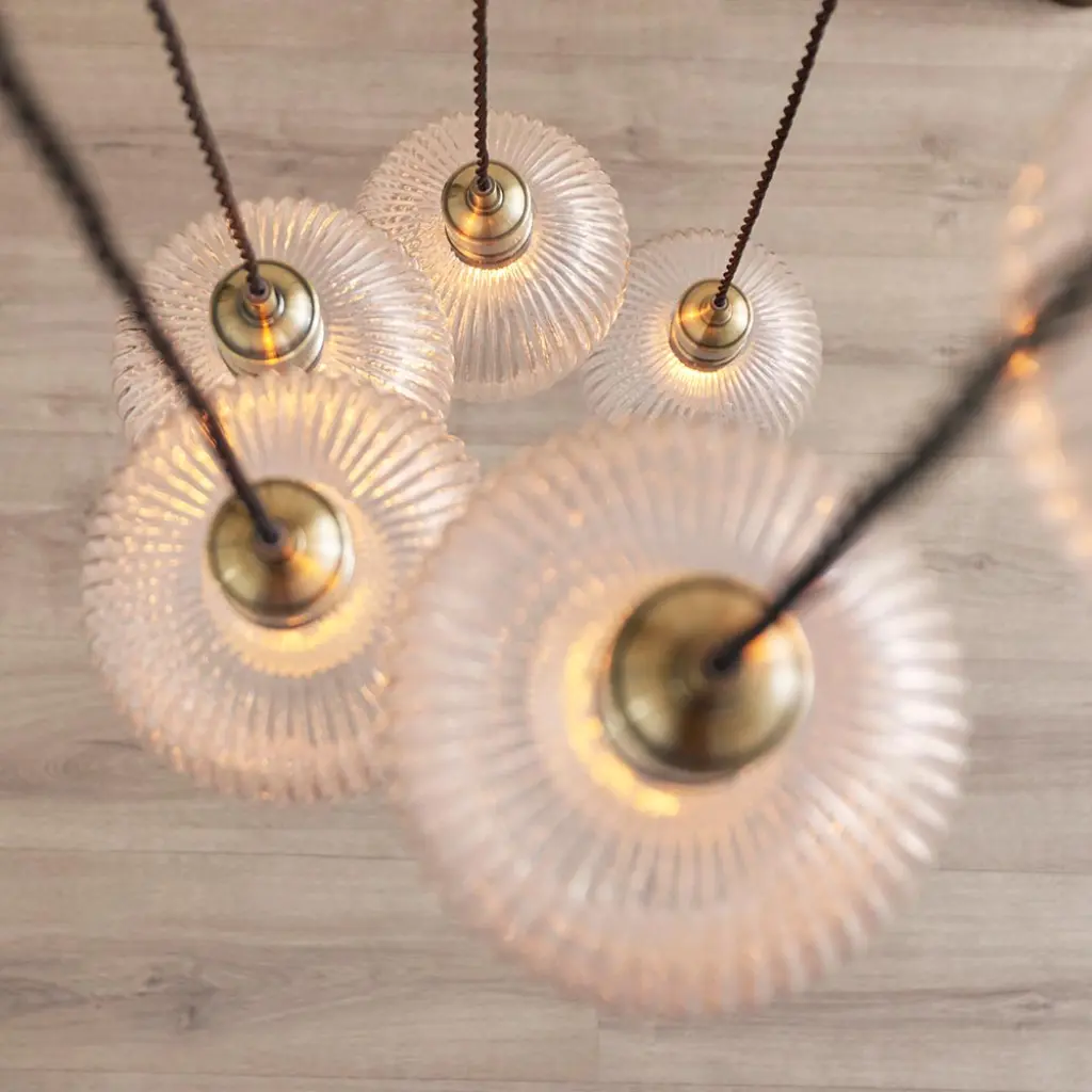 Millie Antique Brass 7 Light Pendant with Ribbed Glass Shades