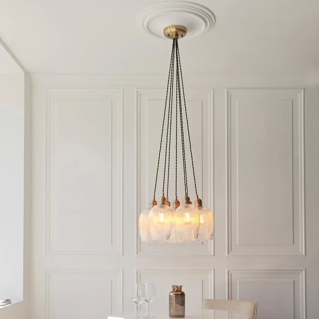 Mia Antique Brass 7 Light Cluster Pendant with Ribbed Glass Shades