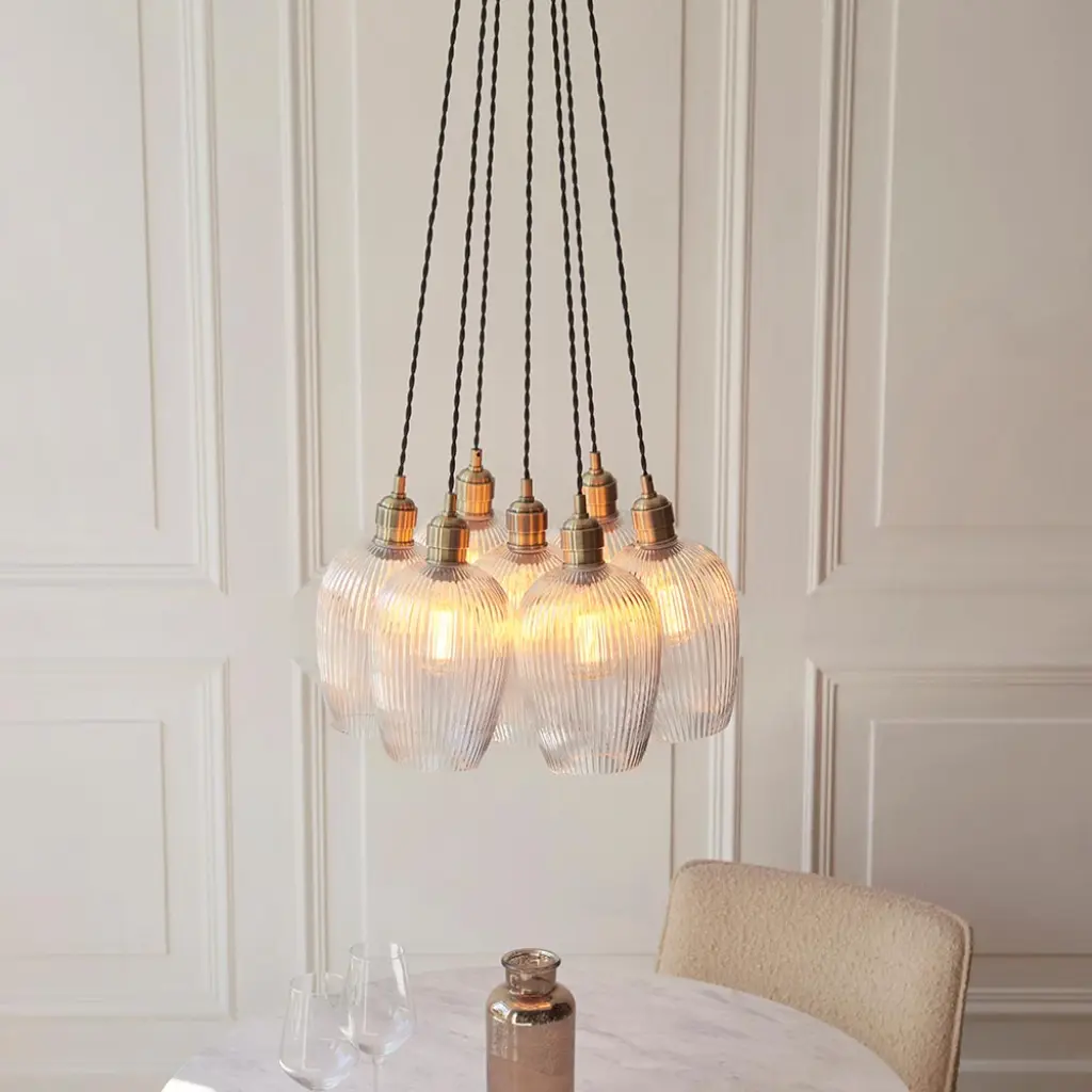 Mia Antique Brass 7 Light Cluster Pendant with Ribbed Glass Shades