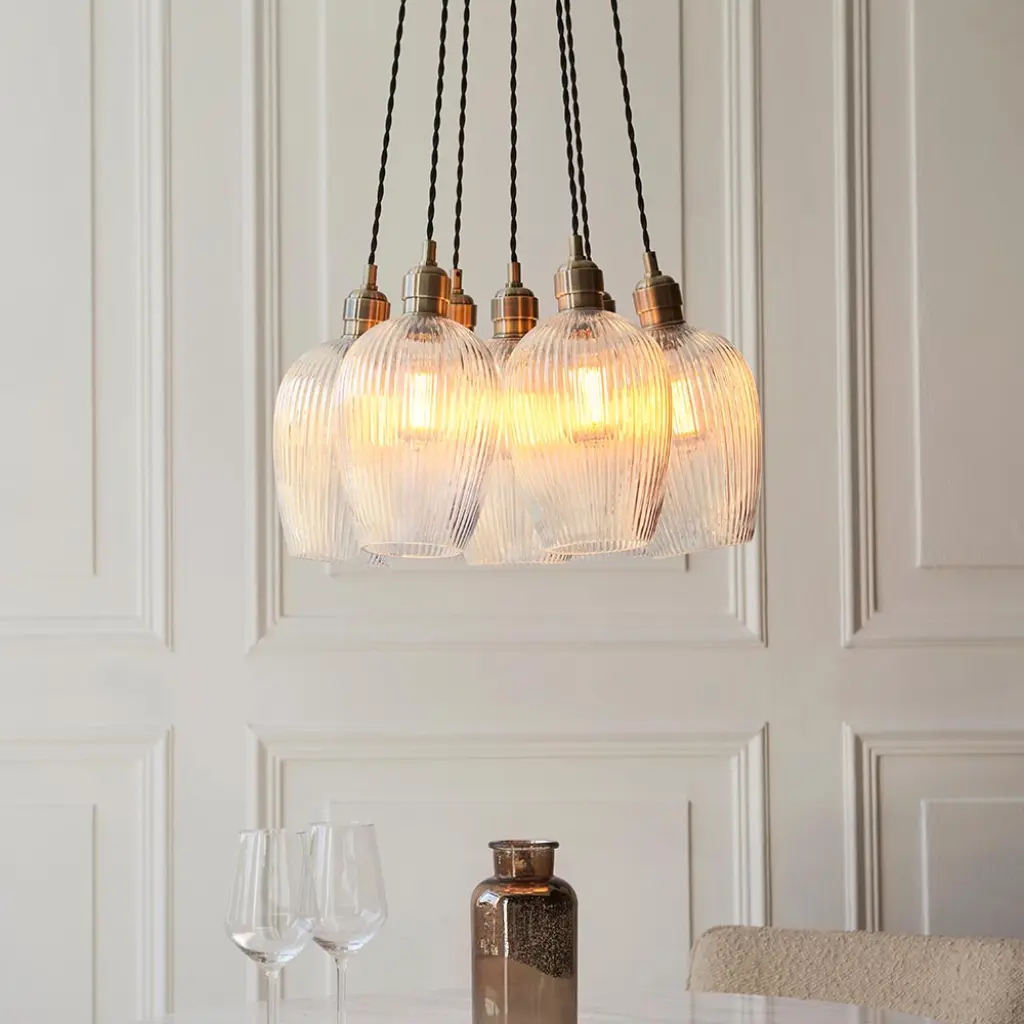 Mia Antique Brass 7 Light Cluster Pendant with Ribbed Glass Shades