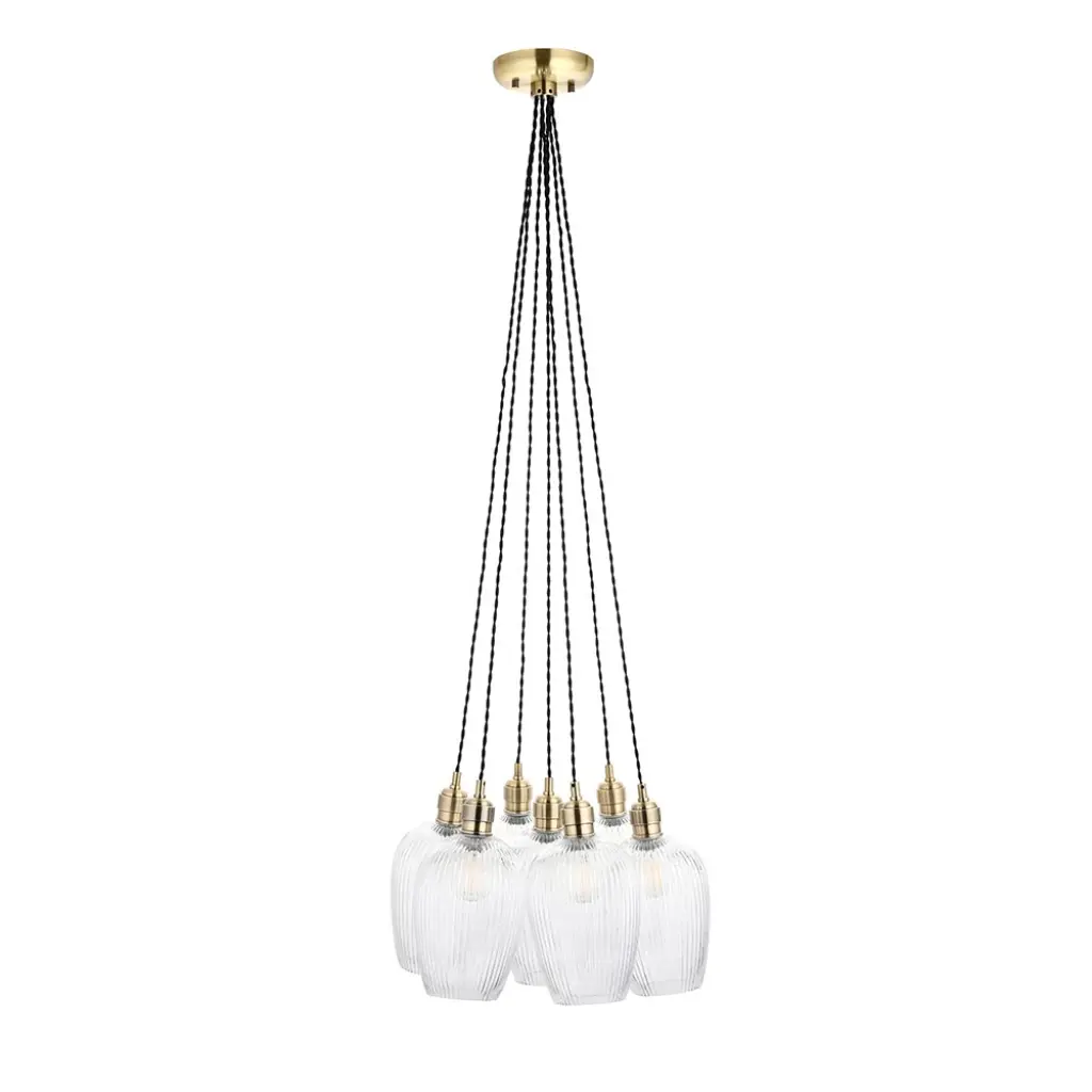Mia Antique Brass 7 Light Cluster Pendant with Ribbed Glass Shades