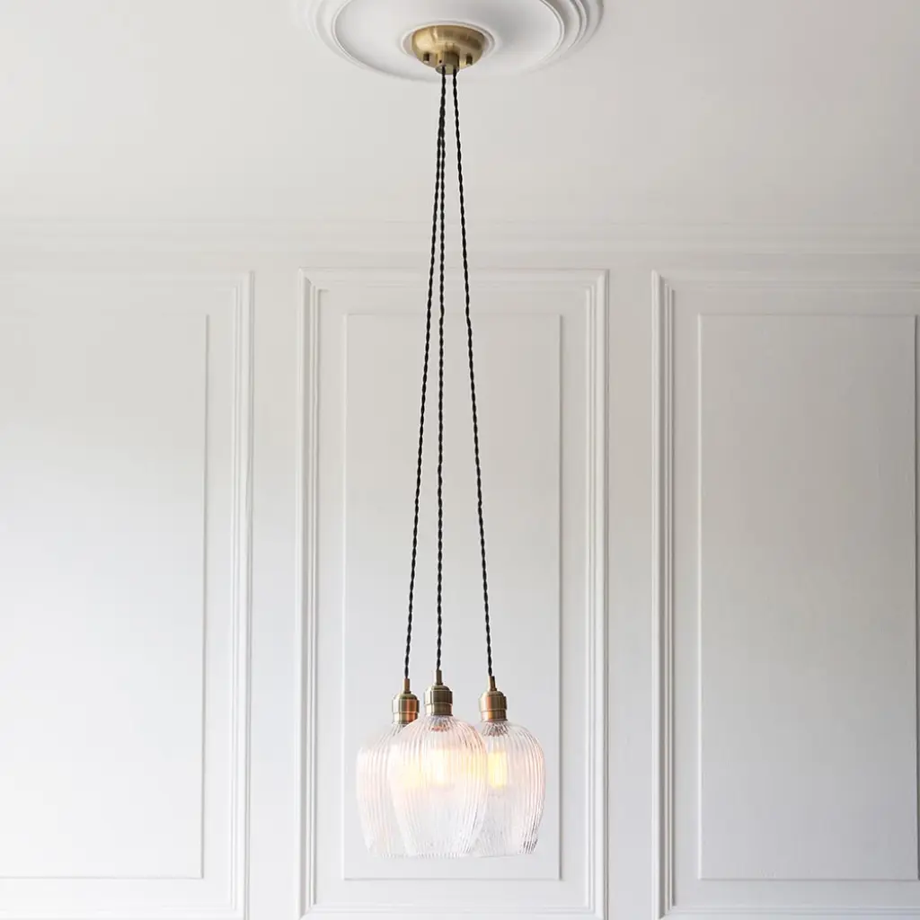 Mia Antique Brass 3 Light Cluster Pendant with Ribbed Glass Shades