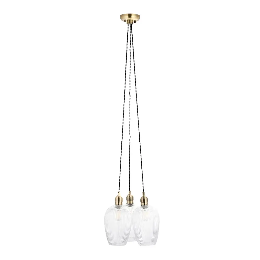 Mia Antique Brass 3 Light Cluster Pendant with Ribbed Glass Shades