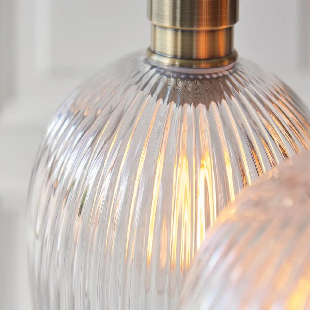 Mia Antique Brass 3 Light Cluster Pendant with Ribbed Glass Shades