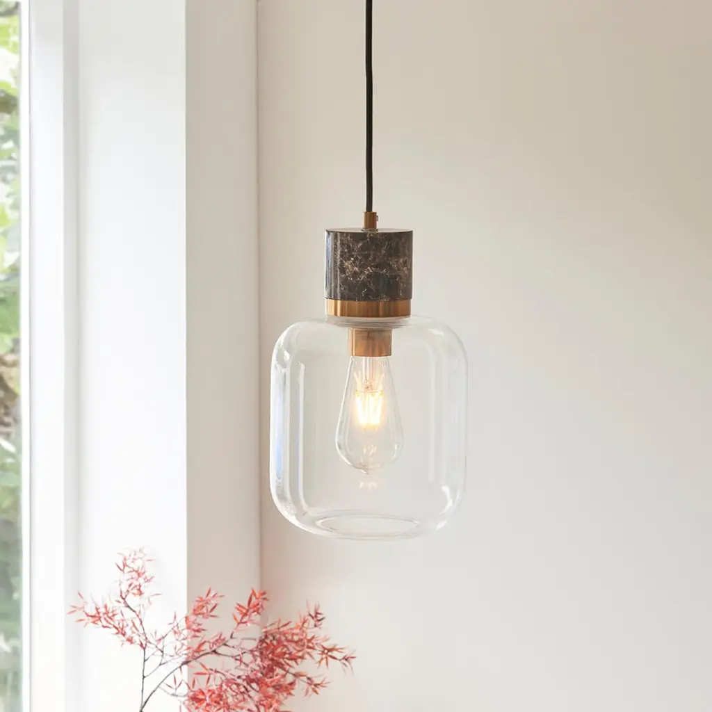 Travi Natural Travertime Stone Pendant C/W Clear Glass